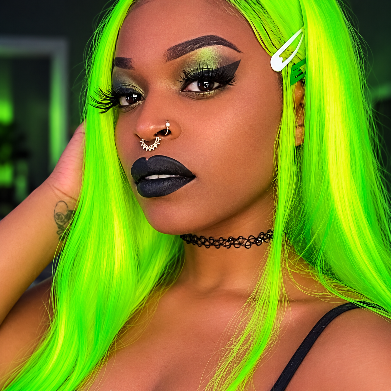 Portrait of rapper PEACH with neon green hair